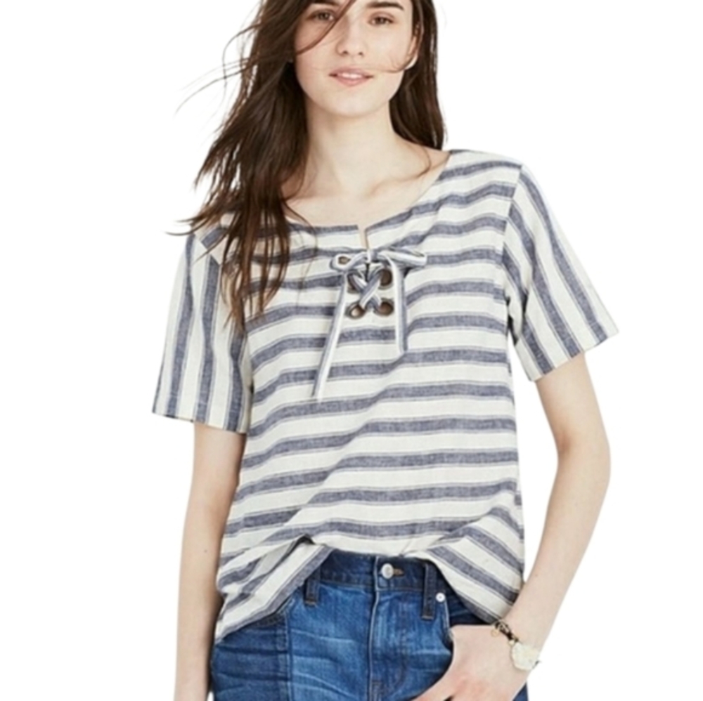 Madewell blue and white striped lace up nautical beach linen blend shirt size XS
